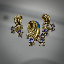 Vintage STS 10K Yellow Gold Tanzanite Opal Diamond Pendant Earrings Suite Set picture