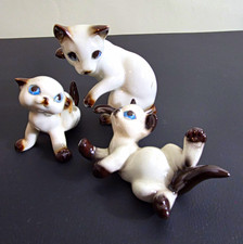 3pc Siamese Cat Porcelain Figurine Set, White & Brown, Blue Eyes picture
