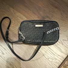 Michael Kors Signature Logo Crossbody Bag Small Black/Gray Zip Strap Chain picture