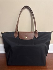NEW Longchamp Le Pliage Large Tote Bag Black Nylon Brown Leather Handles picture