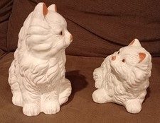 Vintage Pair White Persian Cat Figurines Painted Terracotta Glazed Ceramic Statu picture