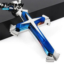 MEN'S HUGE BLUE POLISH STAINLESS STEEL THREE LARGE CROSS PENDANT NECKLACE picture