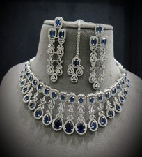 Indian Bollywood Silver Plated Ethnic AD CZ Jewelry Earrings Necklace Bridal Set picture
