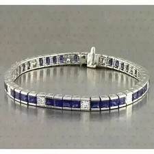 10Ct Princess Cut Blue Lab Created Men's Tennis Bracelet 14K White Gold Plated picture