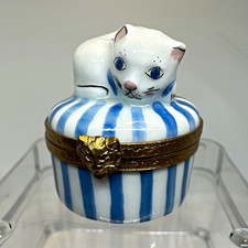 Limoges France Porcelain Cat Trinket Box Blue & White Striped Eximious picture