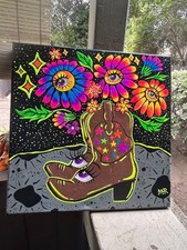 Original Acrylic Painting Floral Cowboy Boot Folk Art Neon Colorful 13.5”x13.5” picture