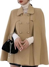 Women's Elegant Poncho Double-Breast Slit Sleeve Flowy Wool Blend Cape Cloak Coa picture