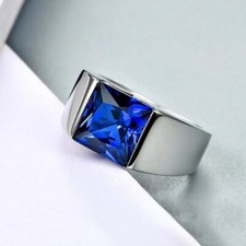 3Ct Princess Cut Blue Sapphire Men's Solitaire Engagement 925 Silver Gift Ring picture