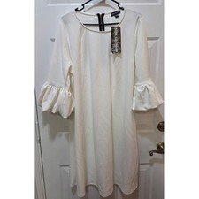 NWT Nina Leonard 1X White Crepe Bell Sleeve Shift Dress Exposed Gold Zipper Plus picture