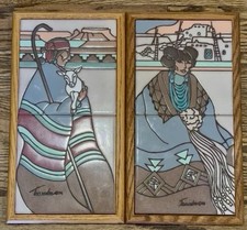 Vintage Cleo Teissedre Southwest Art Tiles Set of Two Native American Style Look picture