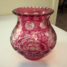 Vintage Bohemian Czech Cranberry Cut to Clear Crystal Vase Rose Bowl 6” Heavy picture