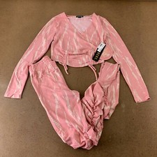 Feathers Womens Top Pants Set Pink White Shibori V Neck Ruched S New picture
