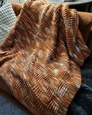 MCM Hand Knitted Afghan Throw Blanket 54”x60” Orange Brown White picture