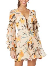 BCBGMAXAZRIA Size 8 Cream Floral Ruffle Mini Dress New picture