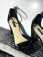 Nine West Women’s Black Ankle Strap Block Heel Chain Square Toe Synthetic 10 picture