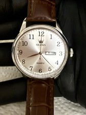 OLEVS 5535G Men’s Quartz Watch Silver Dial Day Date Brown Leather Strap 3ATM picture