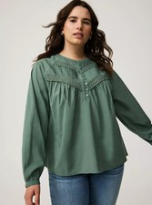 Torrid Plus 2X Voile Relaxed Long Sleeve Cotton Blouse Dark Forest Green NWT picture