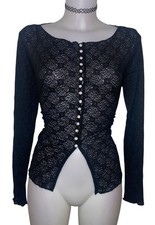 Y2k 90s Womens Victorian Black Button Lace Sheer Whimsigoth Vampy Top Sz S/M picture