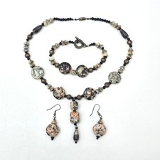 Vintage Handcrafted Dalmatian Jasper Jewelry Set Necklace Bracelet Earrings Boho picture