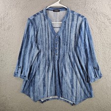 Cocomo Womens Blue Abstract Stripe V-Neck Pintuck 3/4 Sleeve Blouse Top M picture