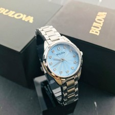 Bulova Classic Sutton 96P250 Blue Dial 28MM Quartz Ladies Watch with 11 Diamonds picture