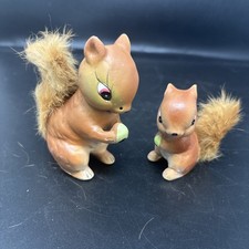 Vintage Squirrels Ceramic  Enesco  Japan Figurines Faux Fur 2pc Set Japan picture