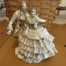 Vintage Germany Dresden Style Porcelain Lace Courting Couple Figurine picture