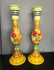 VTG Tracy Porter Signed Hand Painted Wood Candlesticks Pair Fruit Plaid Folk Art picture
