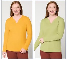 Denim & Co. Essentials Waffle Knit 2-Pack Split Neck Tops NWT A733919 picture