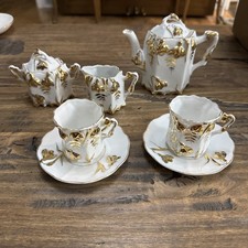 19th Century French Miniature Porcelain Tea Set Gilded Foliage Cabaret Service picture