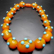 Amazing HUGE Butterscotch Lucite Bead Bezel Set Turquoise Necklace picture