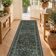 Dusty Teal 2x6 Washable Non-Slip Entryway Runner Rug - Floral Thin Carpet for Ha picture
