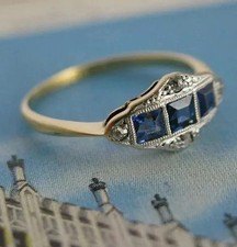 Art Deco Style Sapphire Lab Created Diamond 14K Yellow Gold FN Engagement Ring picture