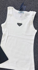 PRADA Women’s White Knit Logo Tank Top Sleeveless Scoop Neck Size L picture