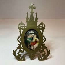 Antique French Religious Ormolu Gothic Frame Madonna & Child Miniature Portrait picture