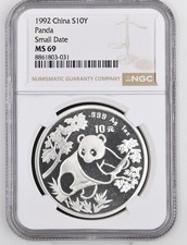 China 1992 1 Oz 999 Silver Panda 10 Yuan Coin NGC MS69 GEM BU+ Small Date picture