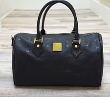 MCM Black Monogram Nylon Boston Bag Top Handle Zip Closure Gold Hardware picture