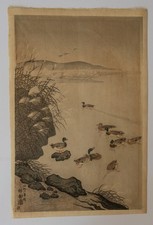 Antique Japanese Ohara Koson Woodblock Print Ducks on a Pond 6mm Watanabe seal picture