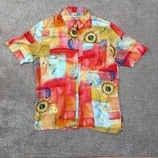SeaSuns Vintage Sunflowers Abstract Print Button Up Shirt USA Made Multi Color picture
