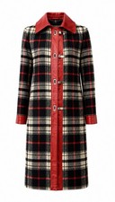Vintage 1960’s 1970’s Coat Red Black Plaid Leather Trim Mod Go Go Coat S XS picture