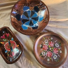 Vintage Mexican Hand Painted Wood Bowl Plate Tray Lot of 3 Floral Folk Art picture