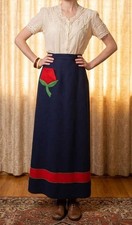 Vintage 1970's Felt Skirt Size XS Long Maxi Navy Blue Red Rose The Clique picture