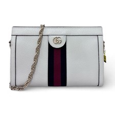 Pre-Owne Gucci Ophidia Small White Pebbled Leather Web Stripe Chain Shoulder Bag picture