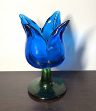 Vintage Art Glass Blue Tulip Vase Hand Blown Green Stem Footed Pedestal picture