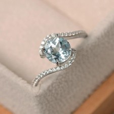 1.74 Ct Round Cut Natural Aquamarine Diamond Wedding Ring 14K White Gold Size 6 picture