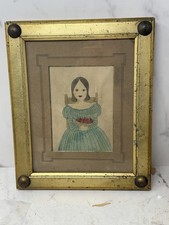 Antique 1840s Folk Art Watercolor Portrait Girl Strawberries Primitive picture