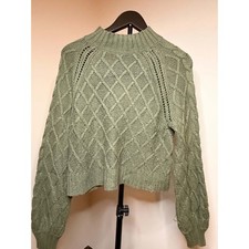 American Eagle Sage Green Cable Knit Balloon Sleeve Sweater picture