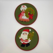 Vtg 1976 Christmas Crewel Embroidery Hoops Pair Santa Mrs Claus Cottagecore 6in picture