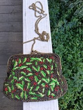Vtg 1990s /Y2K Lady Jade Green Red Beaded Festive Fairycore Evening Bag w/Chain picture