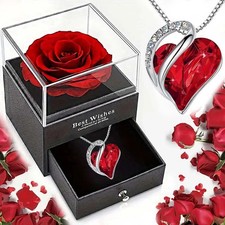 Preserved Eternal Real Rose Flower Gift Box With 14K Gold Plated Silver Necklace picture